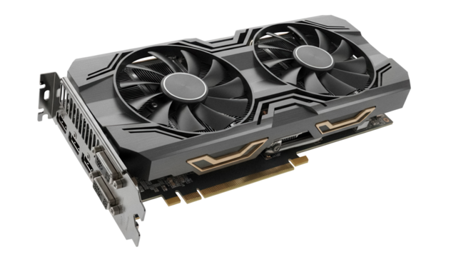 Modern gray graphics card PNG isolated on transparent background, computer hardware component for gaming and high performance computing