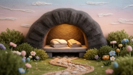 Obraz premium Empty tomb of Jesus Christ made of yarn and knitting for Easter. Biblical scene for Sunday school or religious holiday celebration in fiber art style.