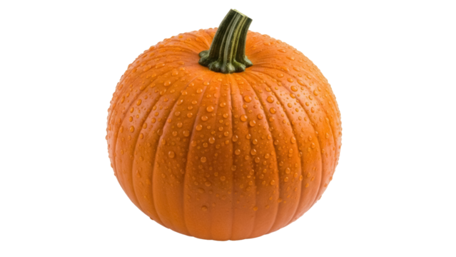 Vibrant orange pumpkin PNG isolated on transparent background, fresh autumn harvest with water droplets for seasonal designs