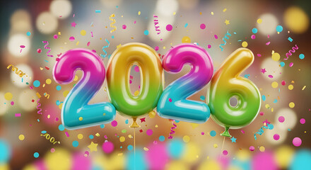 Fototapeta premium Colorful gradient number balloons 2026 floating with confetti and bokeh lights celebration