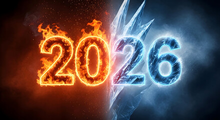 The year 2026 represented by fiery orange numbers contrasting with icy blue numbers