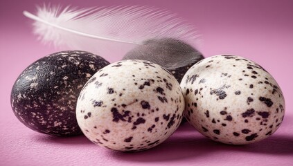 Obraz premium Delicate bird eggs and a soft feather rest on a textured pink surface.