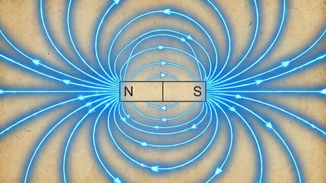 Bar magnet creating a visible magnetic field, with blue lines representing the force and direction from the north pole to the south pole, illustrating physics and electromagnetism