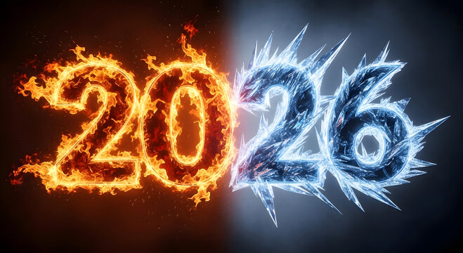 Fiery hot number 20 transitions into icy cold number 26 symbolizing contrast and change