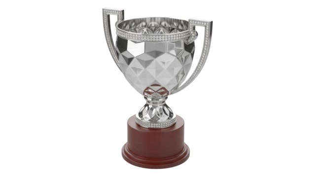 Elegant silver trophy cup isolated PNG, award prize for sports competition and achievement on transparent background