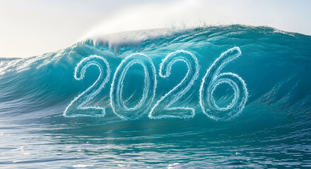 The year 2026 written in glowing ice on a cresting ocean wave under bright sunlight