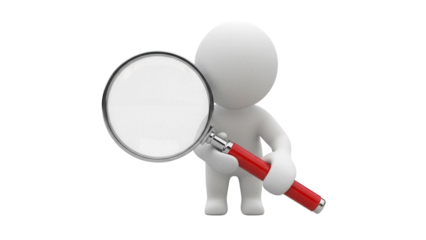 3D stick figure holding a magnifying glass isolated PNG, conceptual search and investigation tool on transparent background