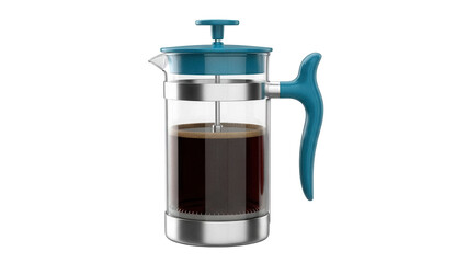 Obraz premium Teal French press with dark coffee isolated PNG, coffee maker for brewing fresh coffee on transparent background