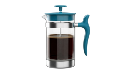 Teal French press with dark coffee isolated PNG, coffee maker for brewing fresh coffee on transparent background