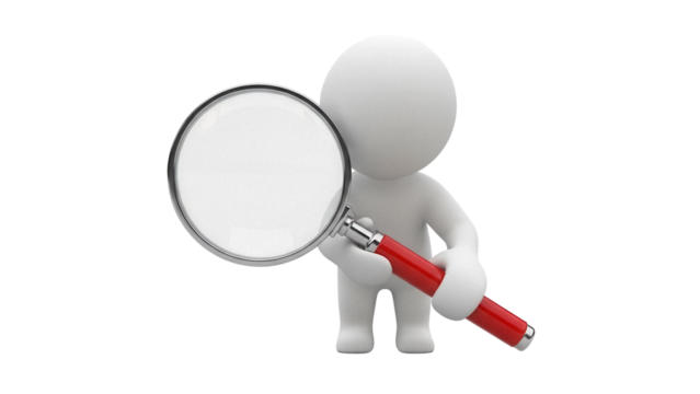 3D stick figure holding a magnifying glass isolated PNG, conceptual search and investigation tool on transparent background - Powered by Adobe