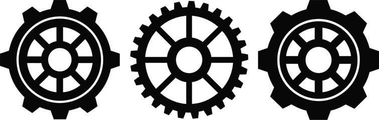 Three black gear icons aligned horizontally representing mechanics and engineering