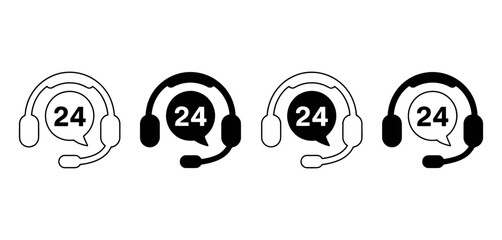 Collection of headset icons symbolizing 24-hour customer support, call center services, and continuous assistance for businesses.