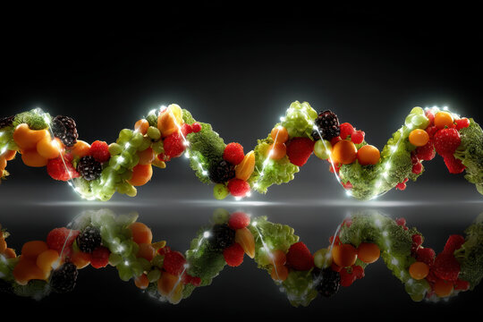 Vibrant fruit and vegetable helix with glowing lights reflects on black surface, conveying fresh, healthy, energetic mood
