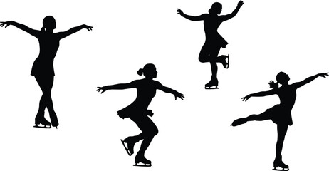 Obraz premium Silhouettes of four female figure skaters in dynamic poses on ice