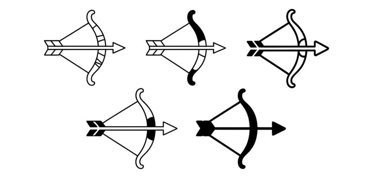 Set of five stylized bow and arrow icons on a white background, representing aiming, archery, and precision, each uniquely designed.