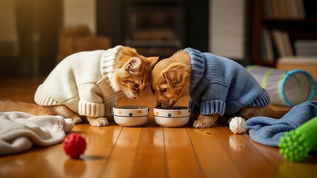 Minimalist Pet Accessories on Clean Wood Floor - Two Cats Wearing Sweaters Enjoying Food - Powered by Adobe