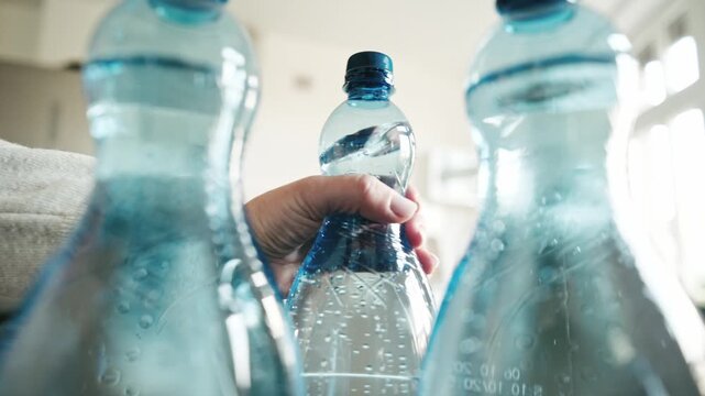 Girl's Hand Takes A Big Bottle Of Sparkling Water As The Camera Smoothly Moves Among The Bottles
