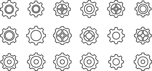 Collection of simple black and white gear icons in a grid arrangement