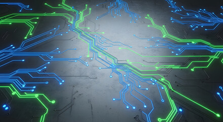 Abstract glowing digital circuit board with blue and green neon lines on a dark background