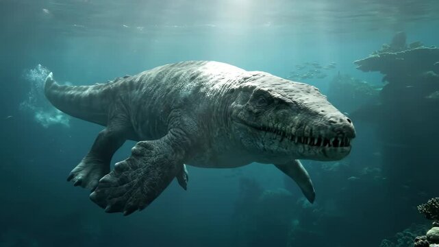 Mosasaurus, a large marine reptile, swimming gracefully through the deep blue ocean, hunting small fish among submerged rocks with dappled light from the surface
