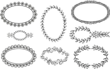 Obraz premium Decorative Floral and Leaf Oval Frames Collection on White Background Hand Drawn Style