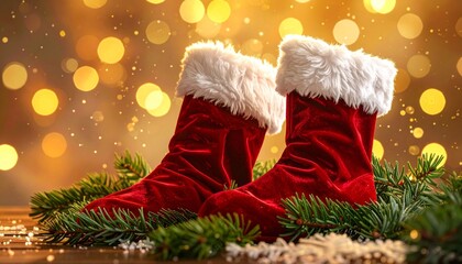 Christmas Cheer: A festive scene, showcasing vibrant red boots adorned with soft, pristine white fur, resting gracefully amidst fresh evergreen branches.