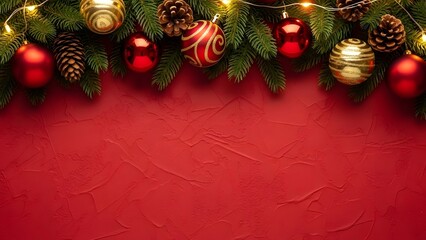 Festive christmas garland with ornaments on a red background