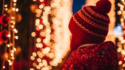 Cozy christmas lights and warm knitted hat back view