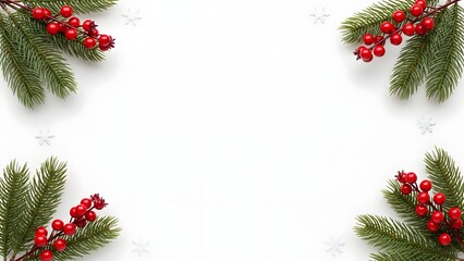 Christmas fir branches and red berries on white background