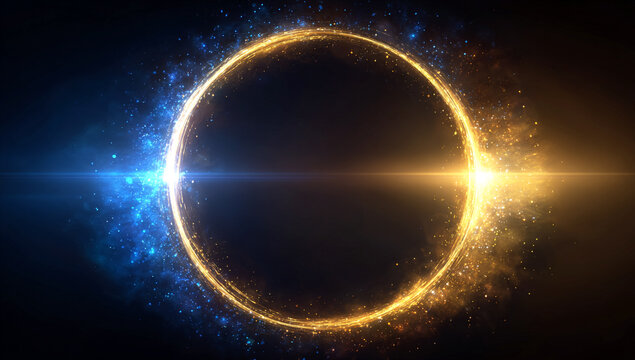 Glowing magical ring with blue and gold light effects on dark background - Powered by Adobe