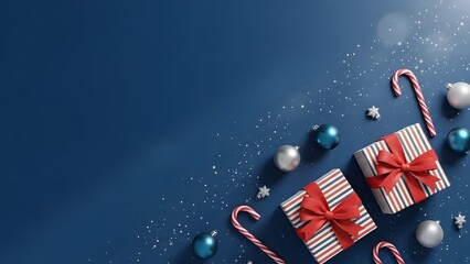 Elegant christmas gifts and ornaments on a dark blue background