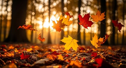 Falling colorful autumn leaves in a forest at sunset