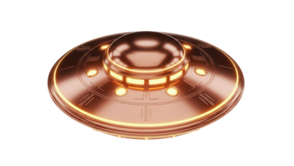 Copper UFO PNG isolated on transparent background, futuristic spaceship for science fiction and space exploration concepts