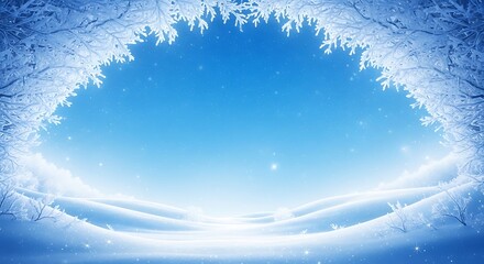 Snowy winter landscape with frost covered trees and falling snow