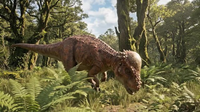 Pachycephalosaurus dinosaur carefully navigating a dense ancient forest filled with moss-covered trees and various tropical plants and ferns, depicting prehistoric wildlife and nature