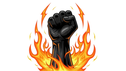 Black fist in fire PNG isolated on transparent background, symbol of power and resistance for graphic design and social justice
