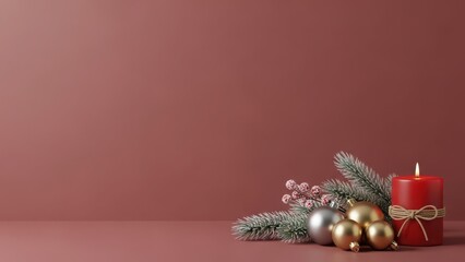 Festive christmas candle with ornaments and pine branches on a muted background