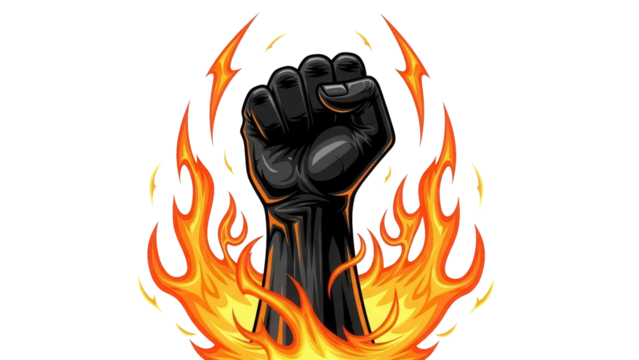 Black fist in fire PNG isolated on transparent background, symbol of power and resistance for graphic design and social justice - Powered by Adobe