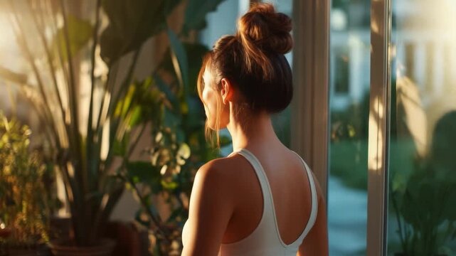 Sunlit woman with a bun, wearing a white sports bra, gazes out a window surrounded by plants.