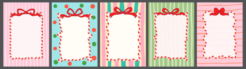 Wavy Candy Cane Frames on Backgrounds with Dotted and Striped Patterns, Cute Christmas or Birthday Borders for Package Designs and Menus
