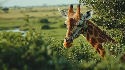 A close-up of a giraffe grazing on a tree during a safari, with the vast African plains in the background.