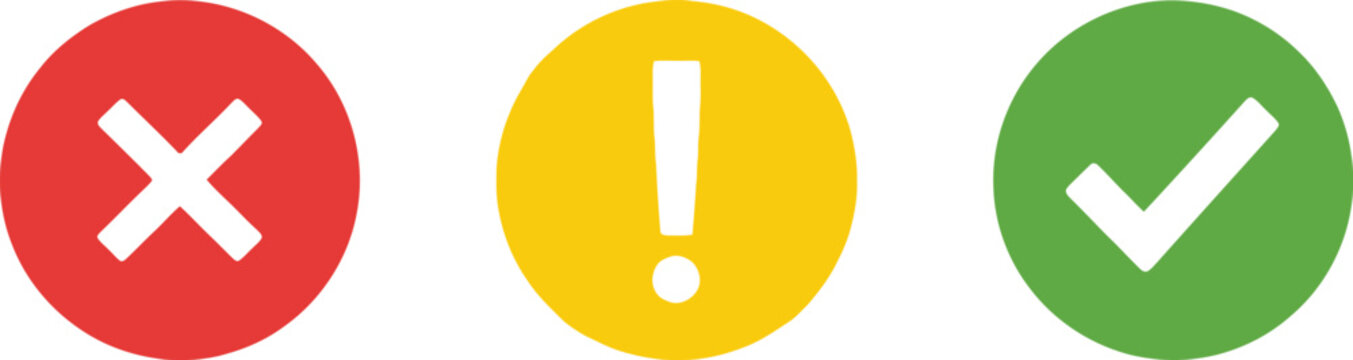 Error Warning Validation Icon Set, Green Checkmark, Red Cross Mark, Yellow Exclamation