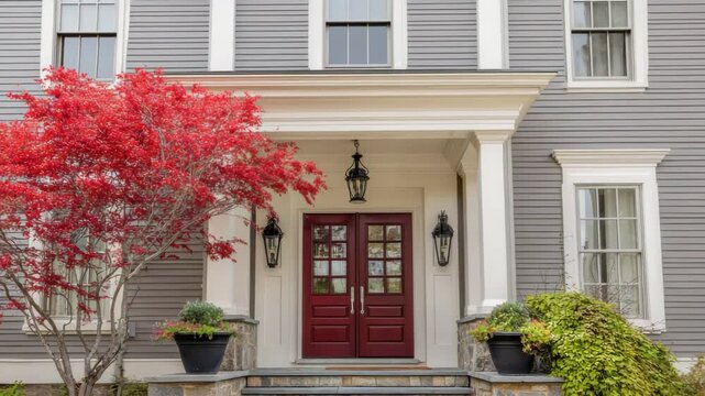 Facade of Gray House with Red Door and Red Tree in Front Yard with Stone Steps Under Porch during Daylight in Suburban Neighborhood