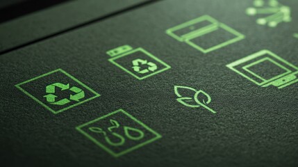 A close-up of a green computing device with eco-friendly symbols, emphasizing energy-saving and environmental benefits.