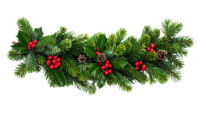 Festive Garland with Berries Holly Pine Cones on Transparent Backdrop a Decorative Holiday Border for Celebrations with Clipping Path Isolated 200x200