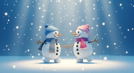 Two cute snowmen holding hands in a snowy winter forest