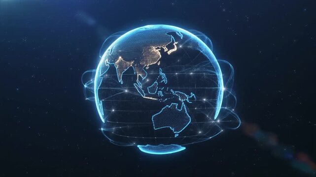 Glowing digital Earth with continents illuminated and network lines connecting across the globe in dark space