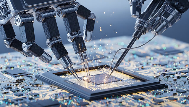 Robotic arm soldering a microchip on circuit board, ai concept