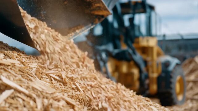 348Action shot of wood processing factory, wood chips pouring from mechanical device into storage bin, high-detail texture and dynamic motion captured in mid-air