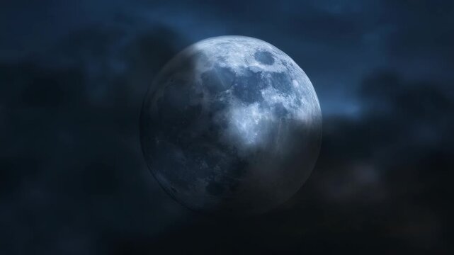 Detailed Full Moon with Dramatic Cloudscape in Dark Blue Hues Glowing Celestial Body Hovering in Ethereal Ambiance with Visible Lunar Surface Texture and Shifting Light